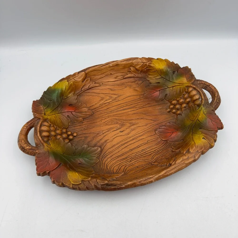 Vintage Multi Products Inc Faux Wood Grape Leaf Serving Tray Oval Platter USA